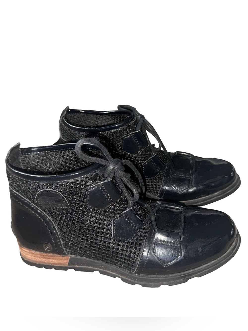 Sorel Major Lace Black Patent Leather Mesh Ankle Boots Women's Size 7.5